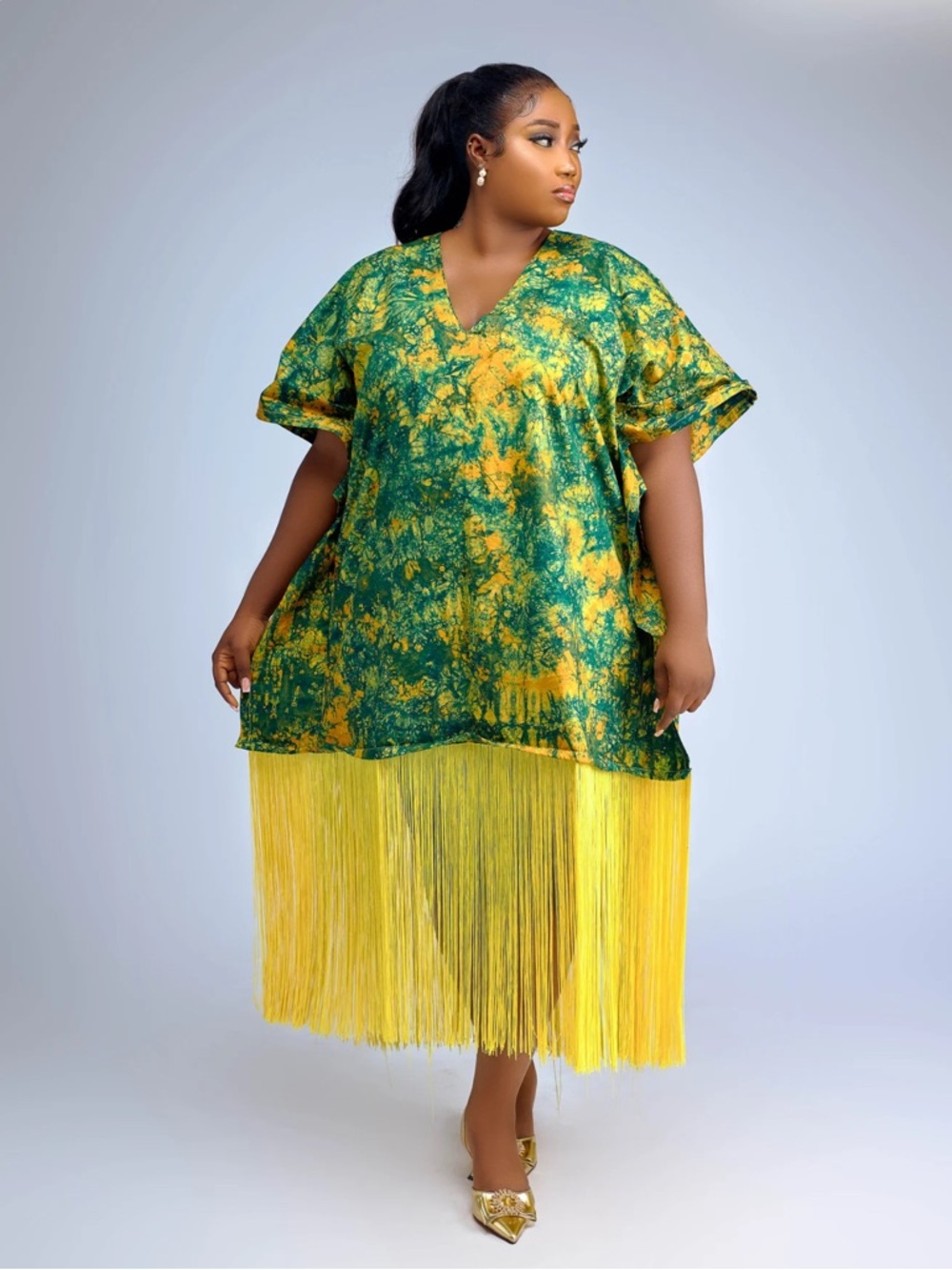 Green and Yellow Tie-Dye Fringe V-Neck Dress
